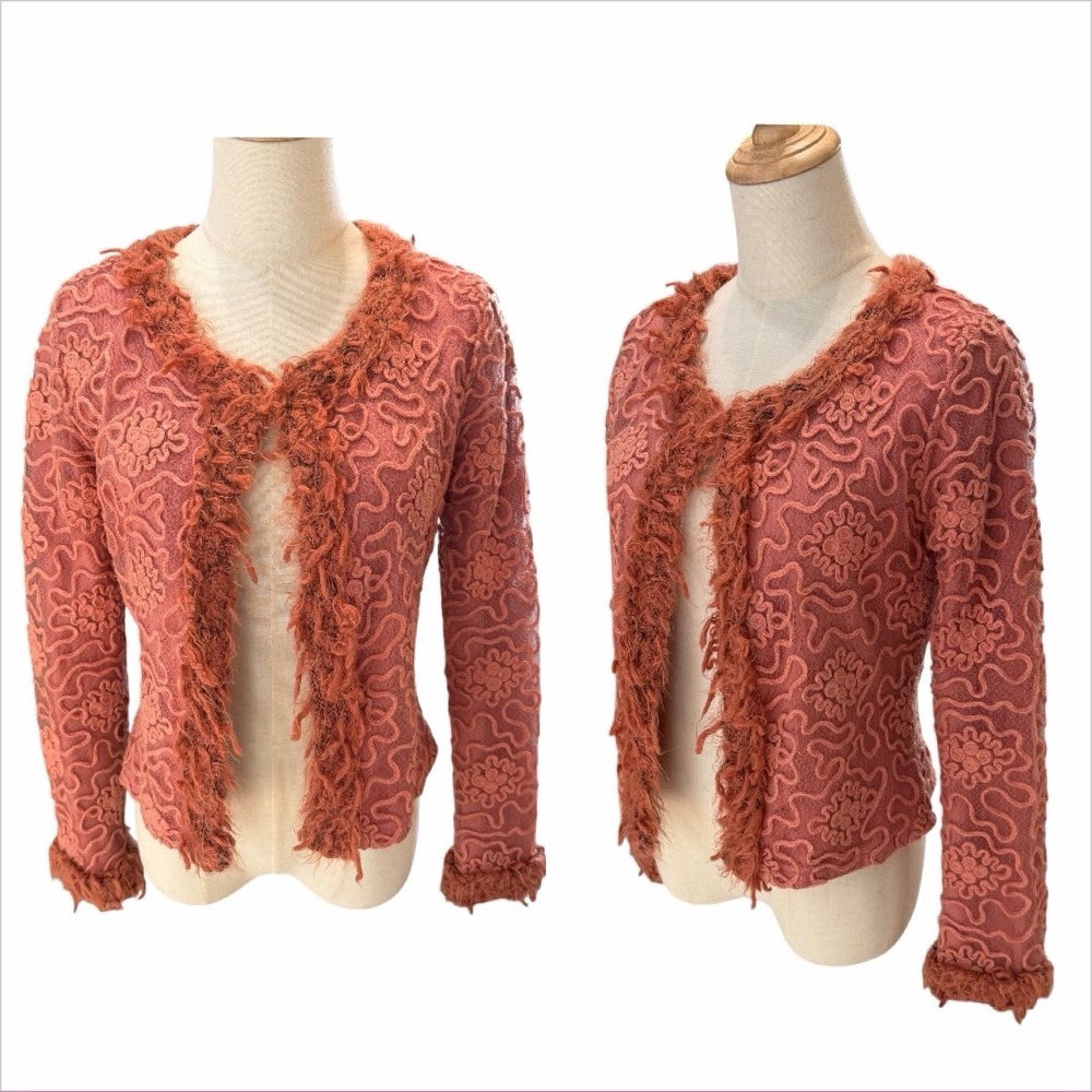 VTG 90s Barami Textured Coral Cardigan Fuzzy Trim Phoebe Statement Boho Small